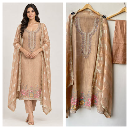Elegant Crushed Shimmer Tissue Unstitched Ladies 3pcs Designer Suit Set