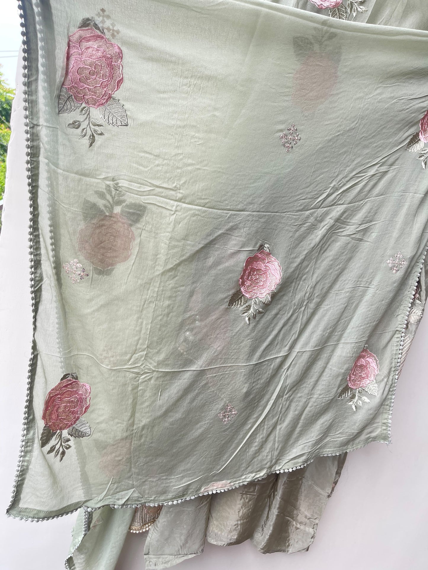 Designer Crepe Satin Resham Embroidered Unstitched Suit Set