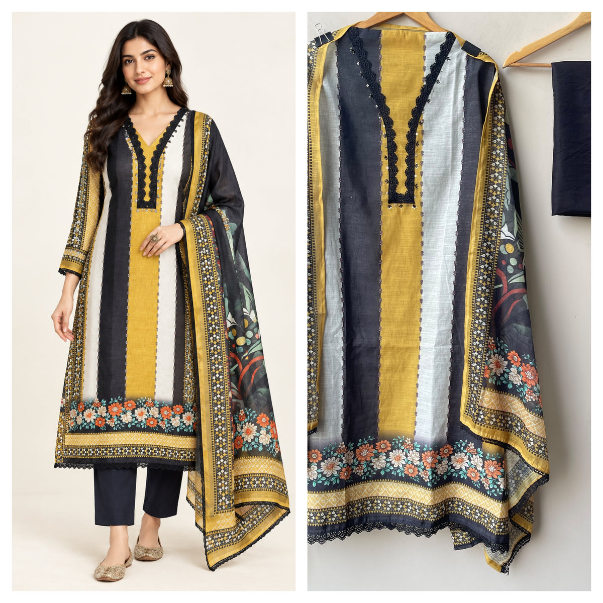 Designer Cotton Linen Printed Unstitched 3 pcs Suit Set