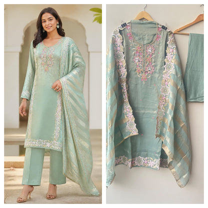 Designer Shimmer Organza Embroidered Unstitched 3pcs Suit Set