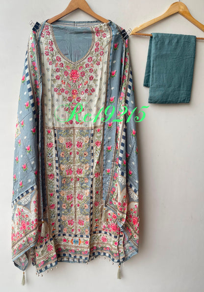 Pure crepe satin unstitched printed ladies suit Rc19215
