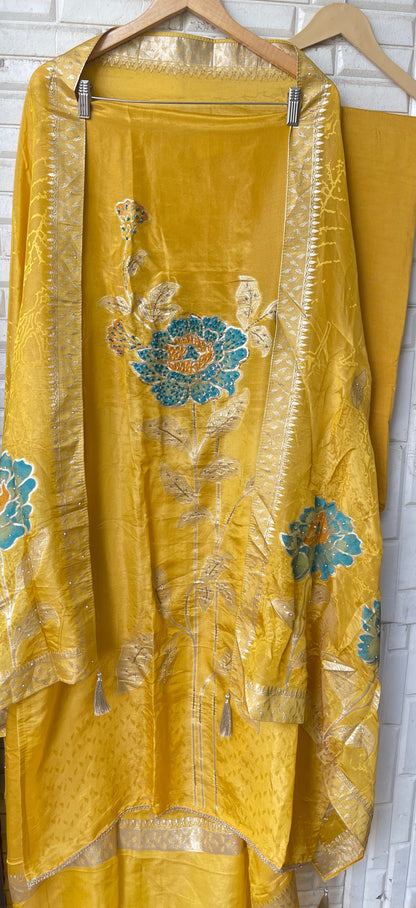 Elegant Shimmer Silk Embroidered Unstitched Designer Suit Set