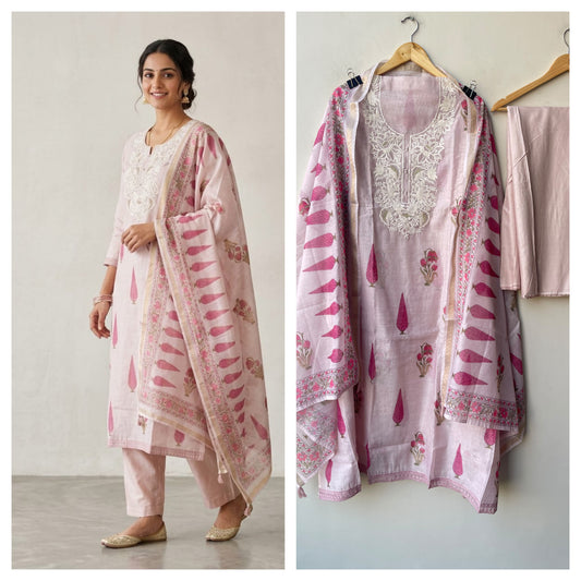 Premium Mul Chanderi Designer Unstitched 3Pcs Suit Set