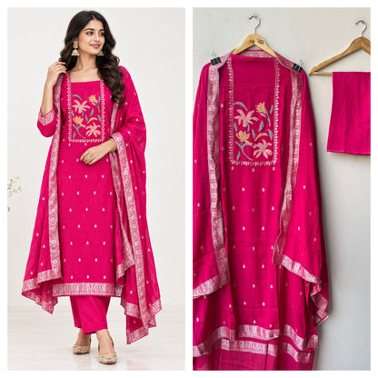 Banarasi Mul Chanderi Designer Unstitched 3pcs Suit Set
