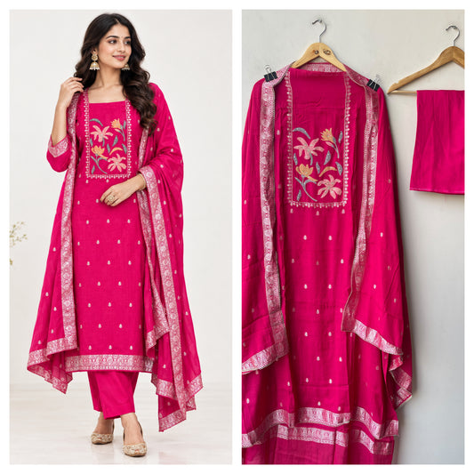 Banarasi Mul Chanderi Designer Unstitched 3pcs Suit Set