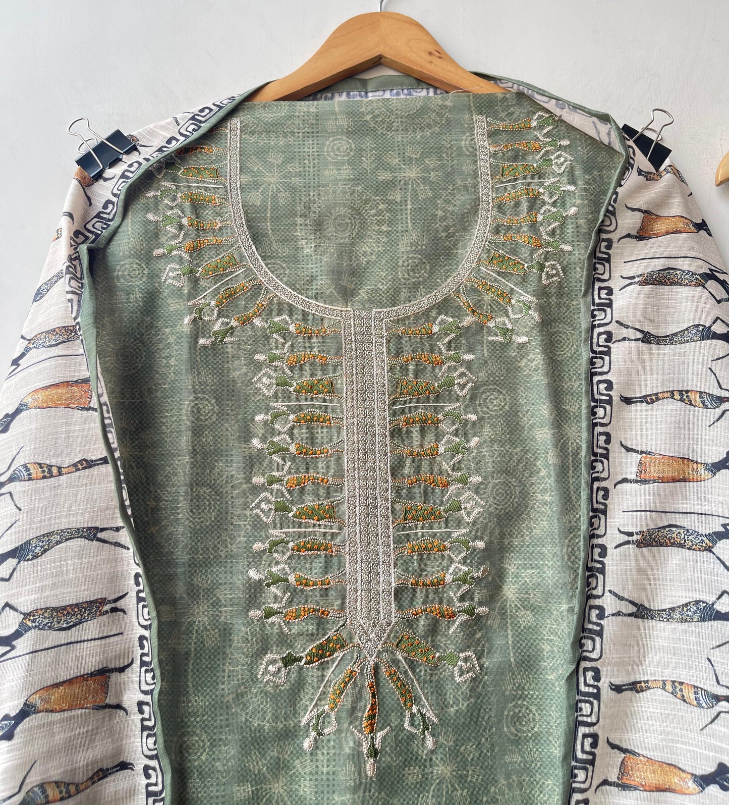 Worli art printed cotton linen unstitched ladies suit