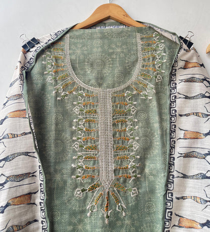 Worli art printed cotton linen unstitched ladies suit