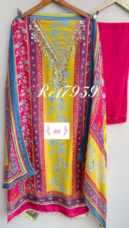 Satin crepe unstitched ladies suit Rc17939