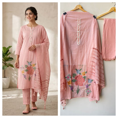 Mul chanderi brush painted unstitched ladies suit