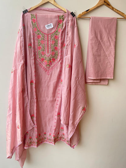 Mul chanderi unstitched salwar suit with resham embroidery and crochet lace – RoyalChicByPriti