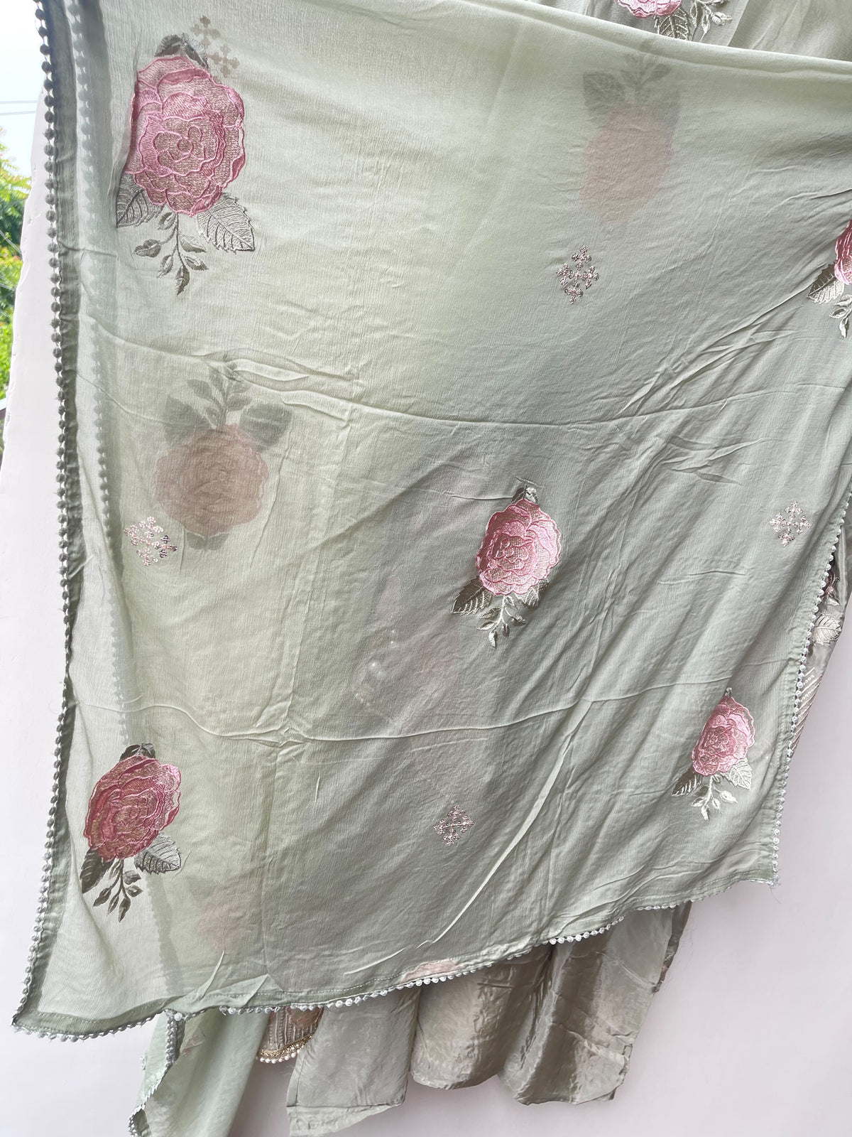 Designer Crepe Satin Resham Embroidered Unstitched Suit Set