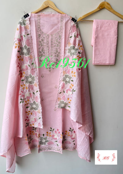 Mul Chanderi Embroidered unstitched ladies suit