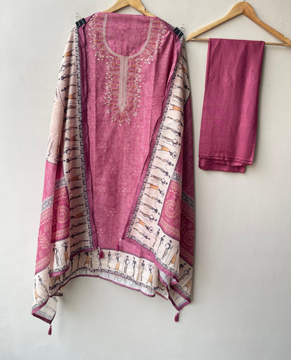 Worli art printed cotton linen unstitched ladies suit