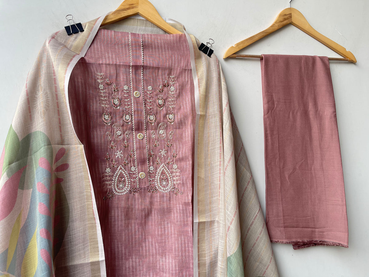 Designer Shimmer Linen Embroidered 3 Pcs Unstitched Suit Set