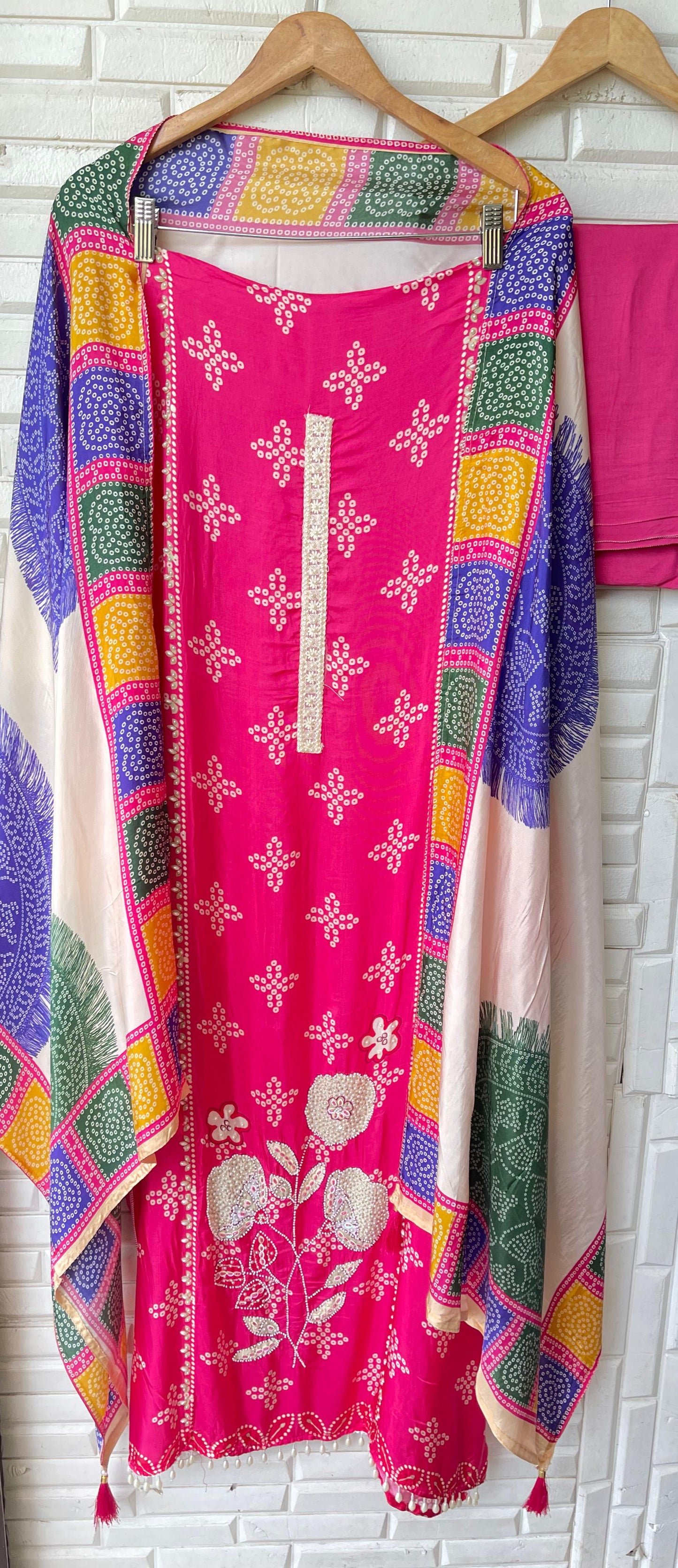 Crape satin unstitched ladies suit Rc17750