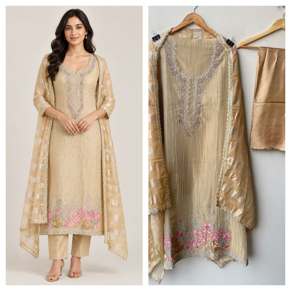 Elegant Crushed Shimmer Tissue Unstitched Ladies 3pcs Designer Suit Set