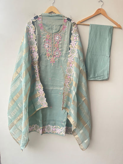 Designer Shimmer Organza Embroidered Unstitched 3pcs Suit Set