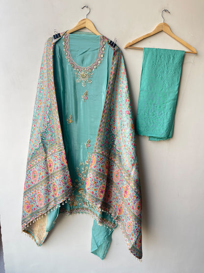 Premium Embroidered Crepe Satin Unstitched Designer 3 Pcs Suit Set