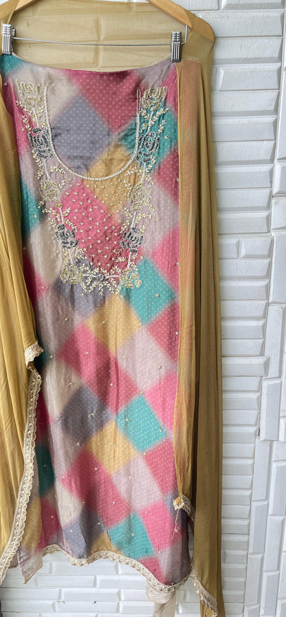 Organza silk unstitched ladies suit Rc17366