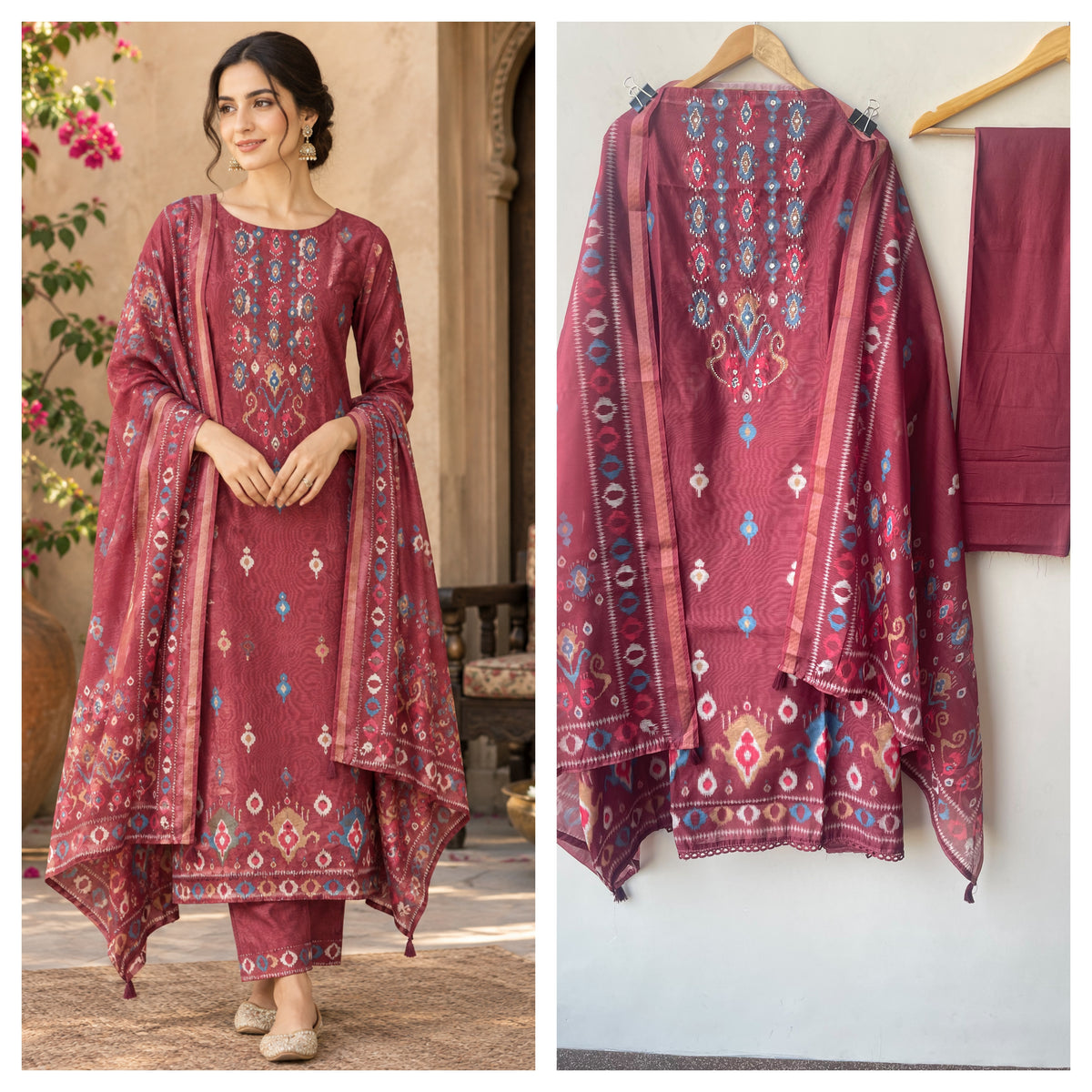 Ikkat Printed Mul Chanderi Unstitched Dress Material Set