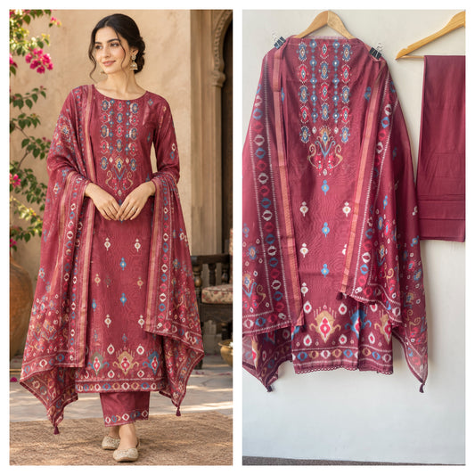 Ikkat Printed Mul Chanderi Unstitched Dress Material Set