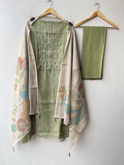 Self Shimmer Linen Embroidered Designer 3 Pcs Unstitched Suit Set