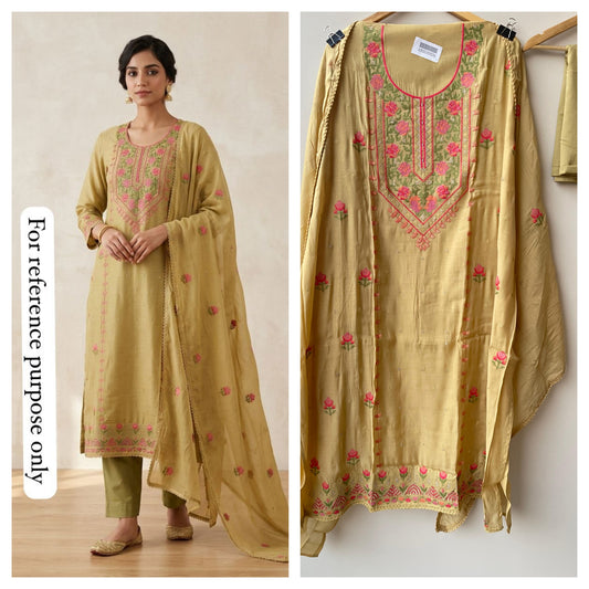 Mul chanderi unstitched salwar suit with resham embroidery and crochet lace – RoyalChicByPriti