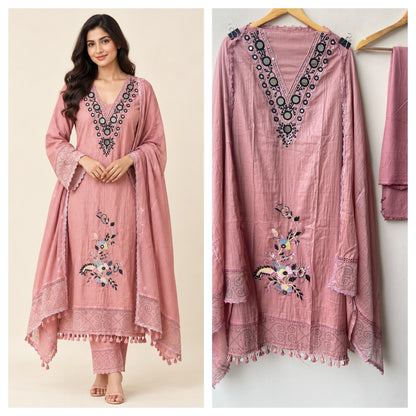 Premium Mul Chanderi Designer Unstitched 3 Pcs Suit Set