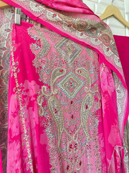 Satin crape unstitched ladies suit Rc17996