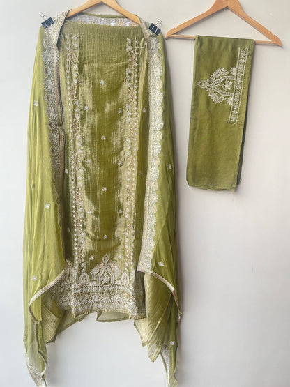 Elegant Shimmer Tissue Embroidered Designer 3 Pcs Unstitched Suit Set