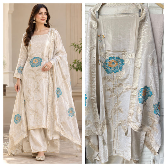Elegant Shimmer Silk Embroidered Unstitched Designer Suit Set