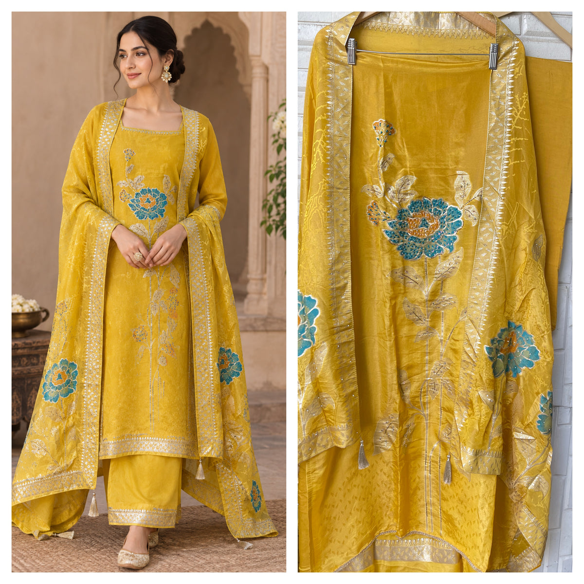 Elegant Shimmer Silk Embroidered Unstitched Designer Suit Set