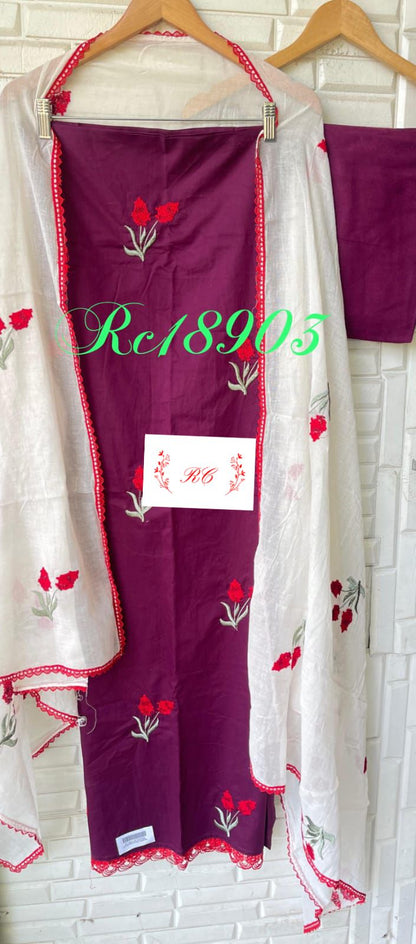 Cotton unstitched salwar suit with resham embroidery and mul cotton dupatta – RoyalChicByPriti