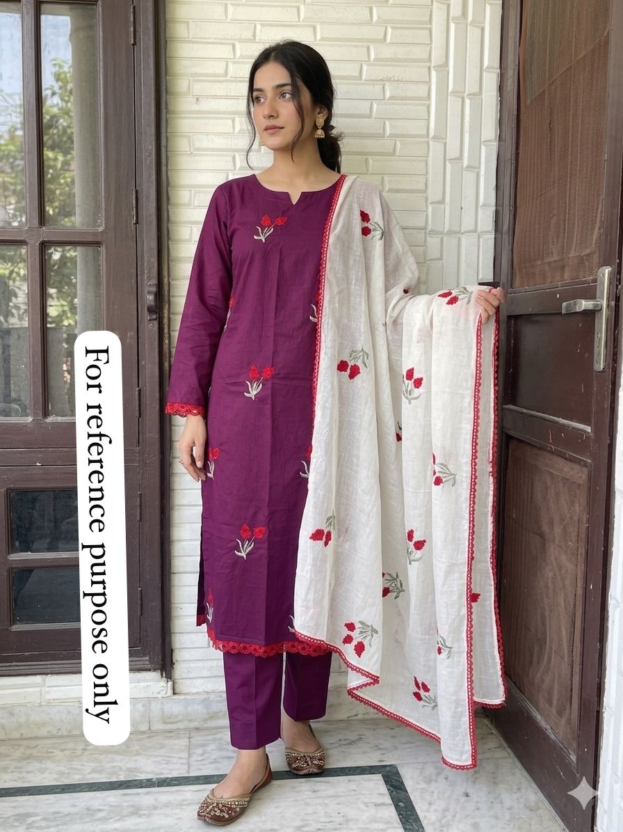 Cotton unstitched salwar suit with resham embroidery and mul cotton dupatta – RoyalChicByPriti