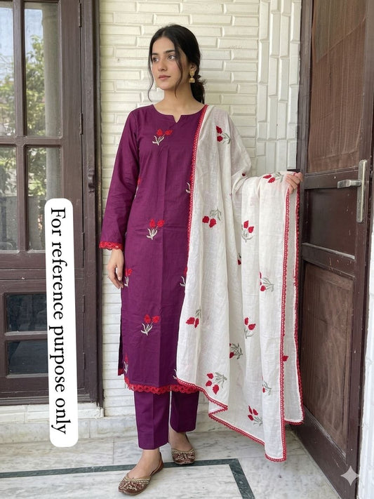 Cotton unstitched salwar suit with resham embroidery and mul cotton dupatta – RoyalChicByPriti