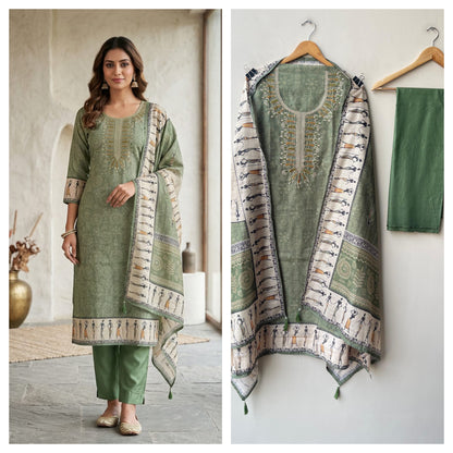 Worli art printed cotton linen unstitched ladies suit