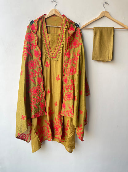 Designer Mul Chanderi 3 Pcs Unstitched Suit Set