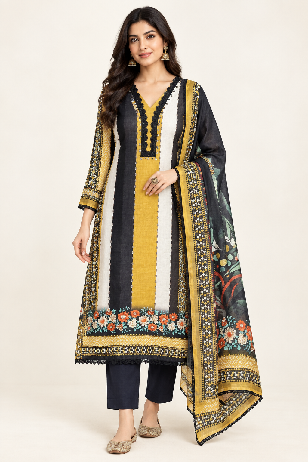 Designer Cotton Linen Printed Unstitched 3 pcs Suit Set
