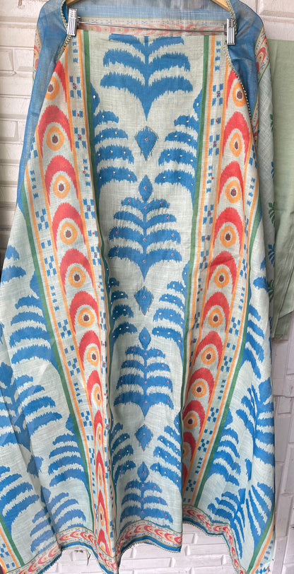 Shimmer Linen Printed Unstitched Designer Suit Set