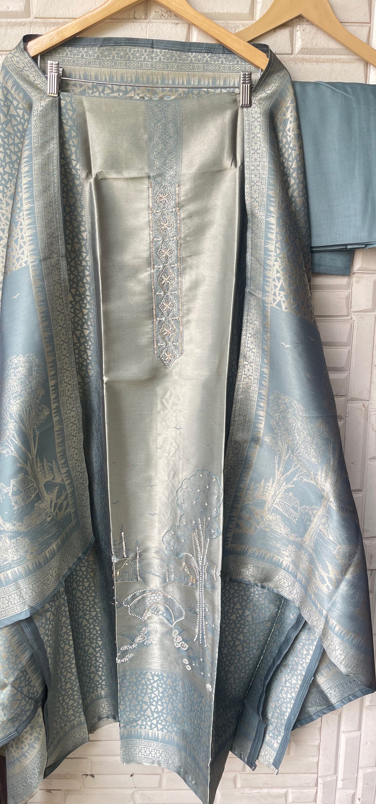 Premium Shimmer Giraffe Silk woven  Unstitched Designer Suit Set