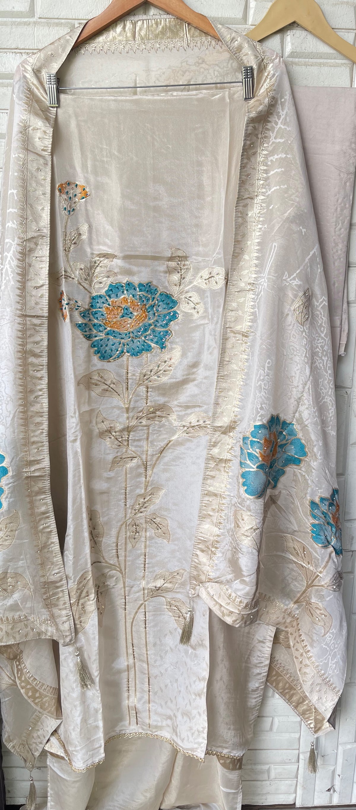 Elegant Shimmer Silk Embroidered Unstitched Designer Suit Set