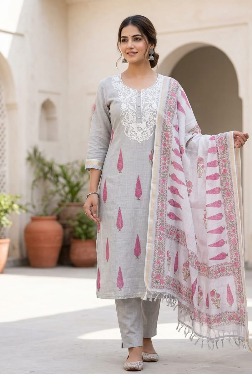 Premium Mul Chanderi Designer Unstitched 3Pcs Suit Set