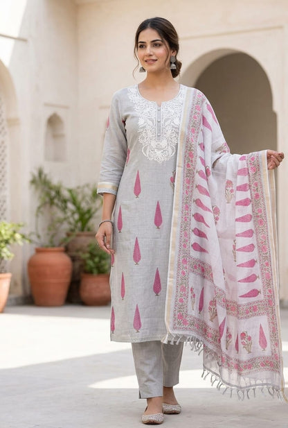 Premium Mul Chanderi Designer Unstitched 3Pcs Suit Set