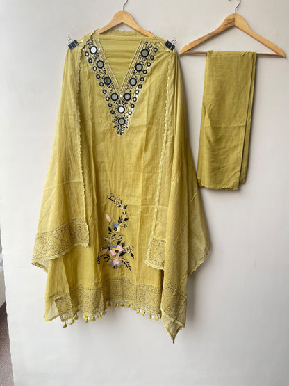 Premium Mul Chanderi Designer Unstitched 3 Pcs Suit Set
