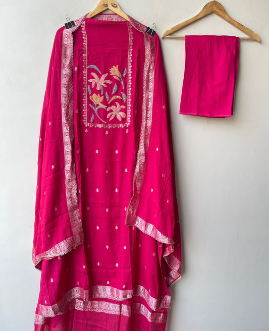 Banarasi Mul Chanderi Designer Unstitched 3pcs Suit Set
