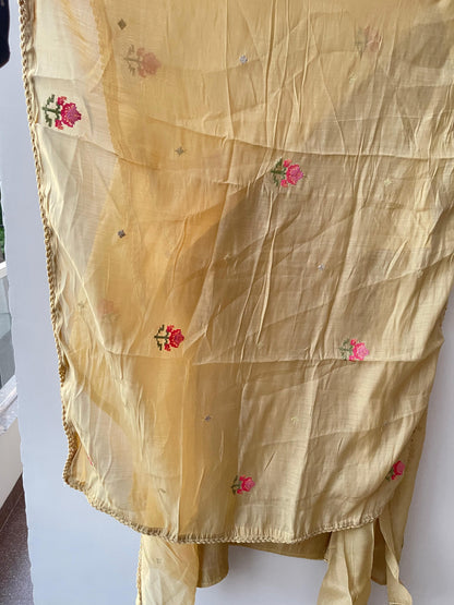 Mul chanderi unstitched salwar suit with resham embroidery and crochet lace – RoyalChicByPriti