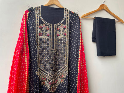 Crepe satin printed ladies unstitched suit Rc19227