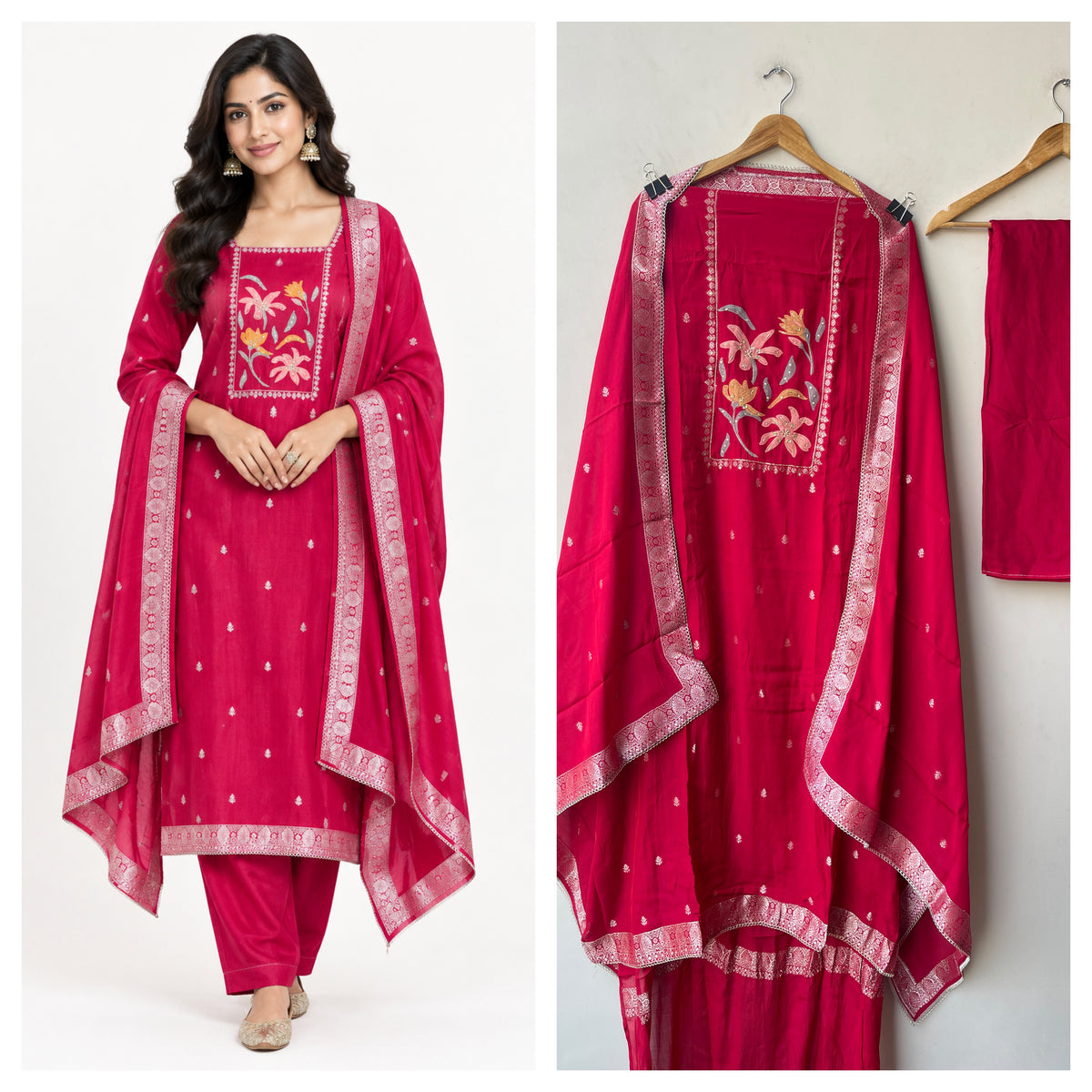 Banarasi Mul Chanderi 3pcs Designer Unstitched Suit Set