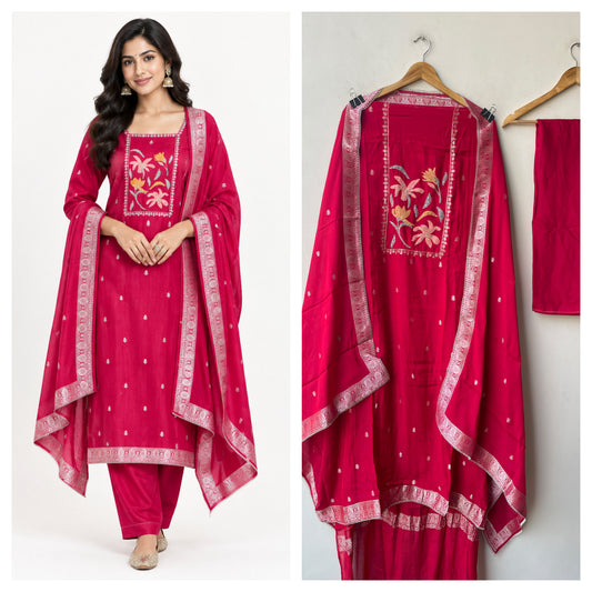 Banarasi Mul Chanderi 3pcs Designer Unstitched Suit Set
