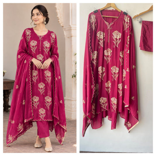 Mul Chanderi Resham Embroidered Unstitched Suit Set